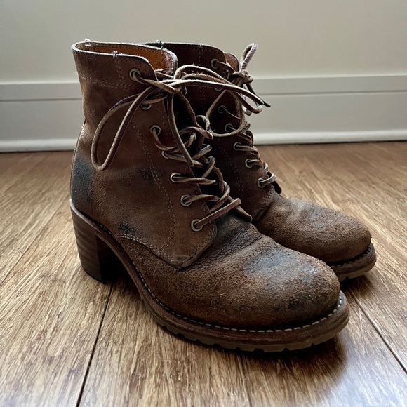 Frye Sabrina 6G Brown Distressed Suede Wood Heel - Picture 3 of 9